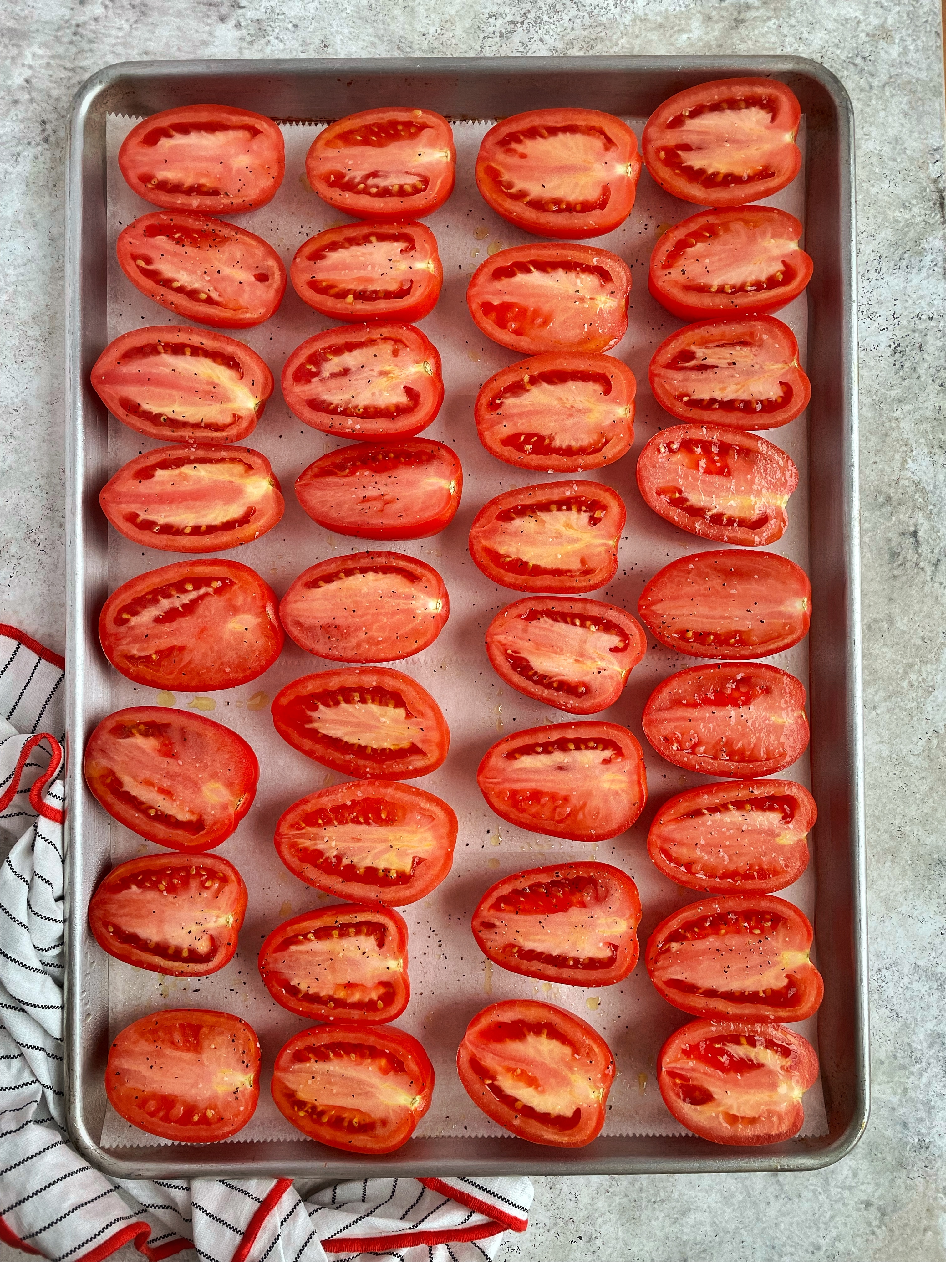 Roma tomatoes prepped and ready for roasting