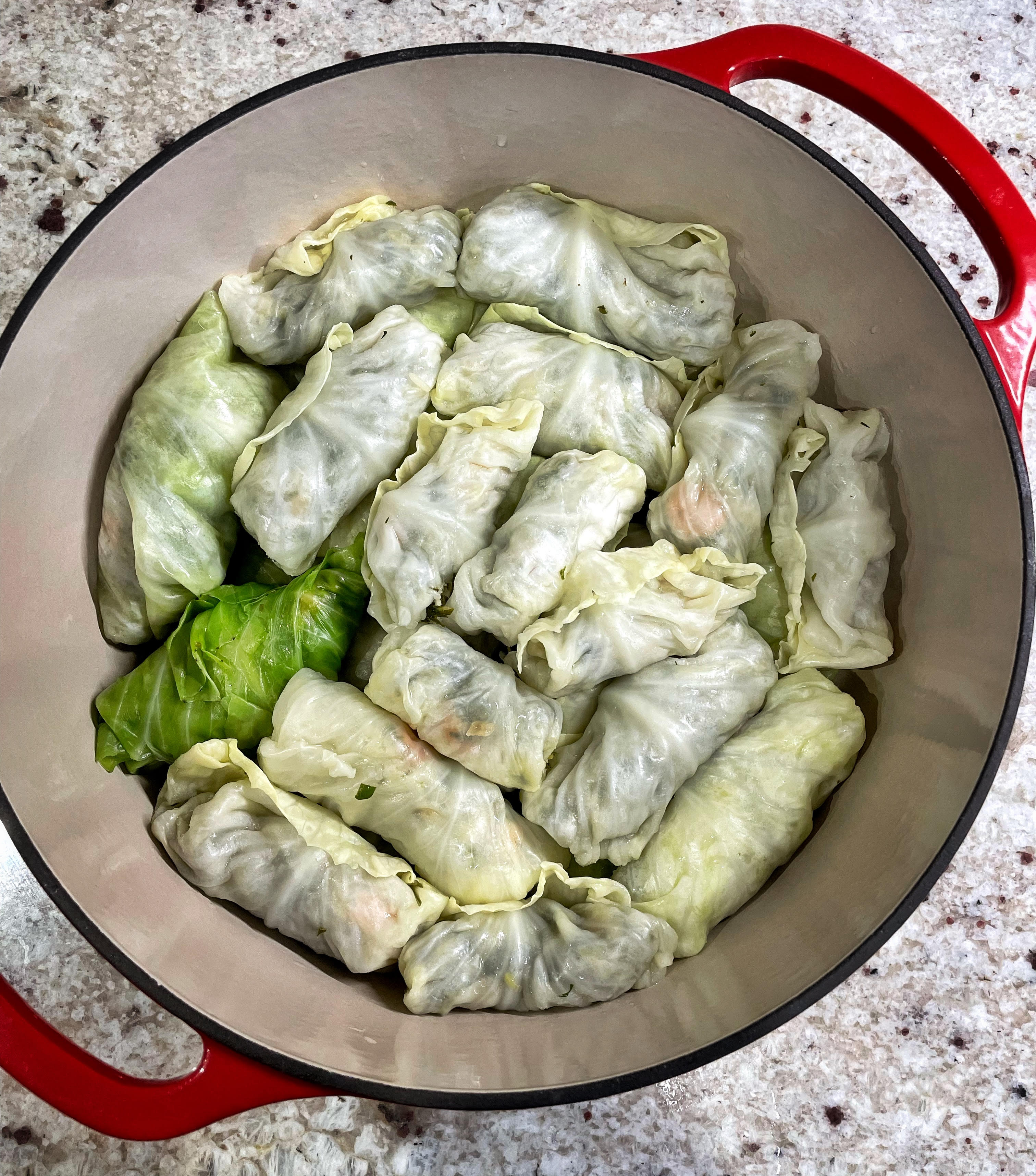 Chickpea and Rice Stuffed Cabbage Rolls lined in a pot, ready for cooking